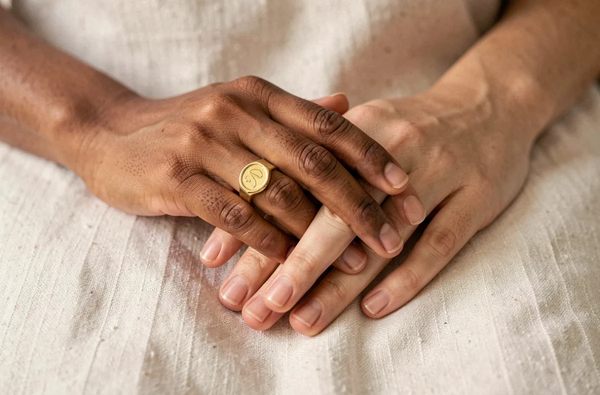 Deux mains féminines entrelacées dont l'une porte une chevalière en or gravée comme bague de fiançailles, sur fond de lin blanc, symbole de lien moderne