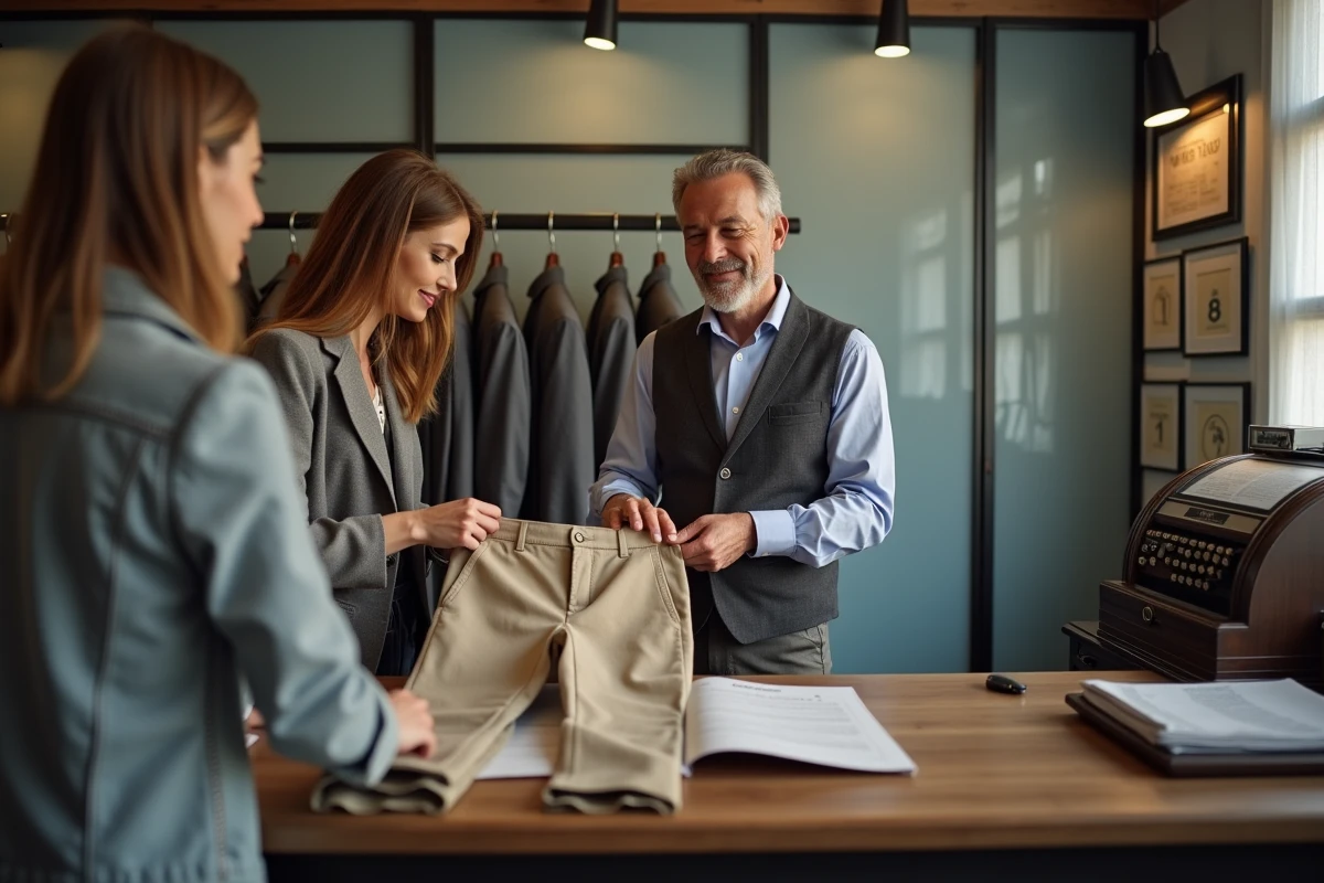 Cliente remettant un pantalon à un tailleur professionnel au comptoir d'un atelier de couture avec devis d'ourlet