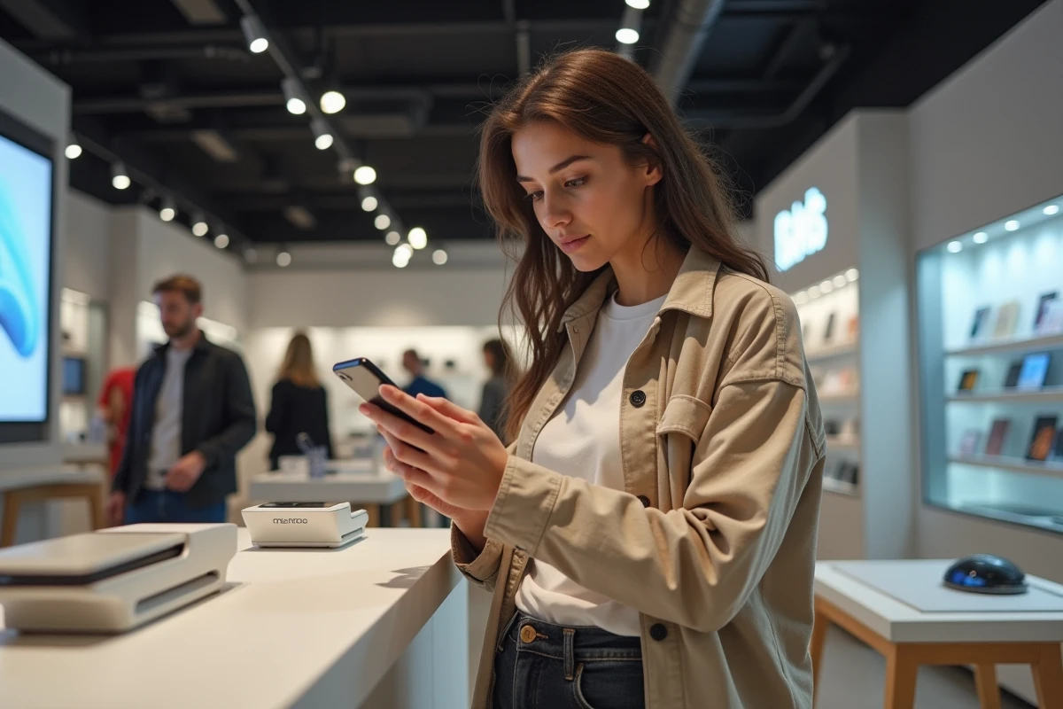 Cliente découvrant un smartphone lors de sa première visite dans une boutique tech à Nantes