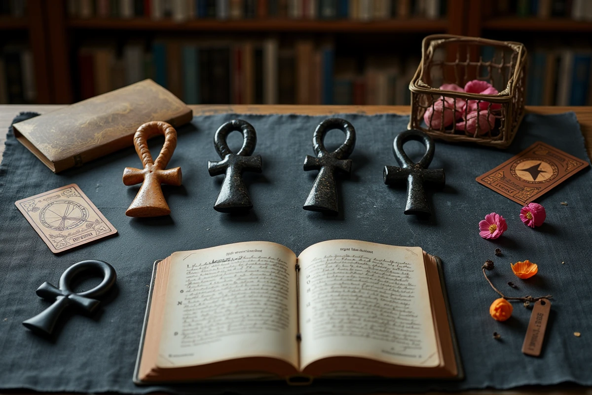 Collection de croix ankh en différents matériaux avec cartes de tarot et notes manuscrites, illustrant l'ésotérisme et le néo-paganisme