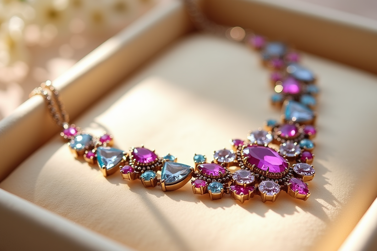 Collier en pierres précieuses sur velours crème lumineux