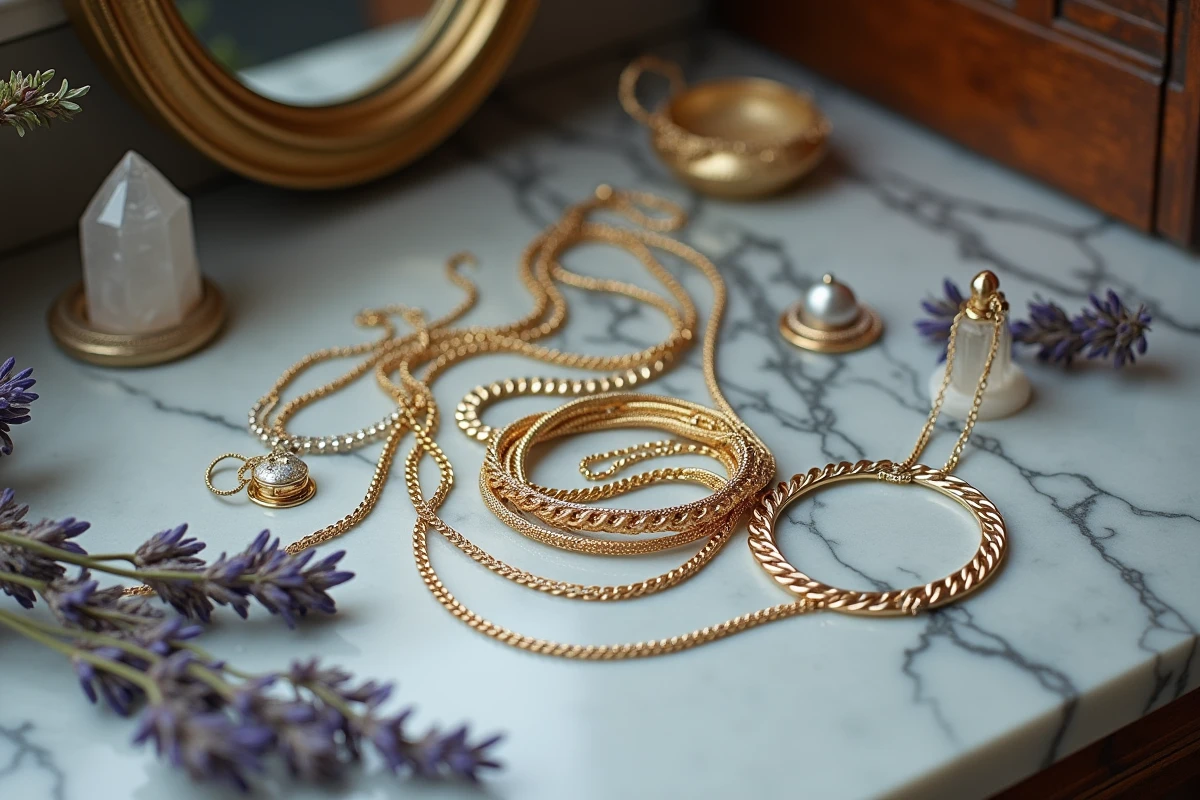 Colliers emmêlés sur marbre avec cristal de quartz et lavande séchée, symbolisme ésotérique et spiritualité des bijoux