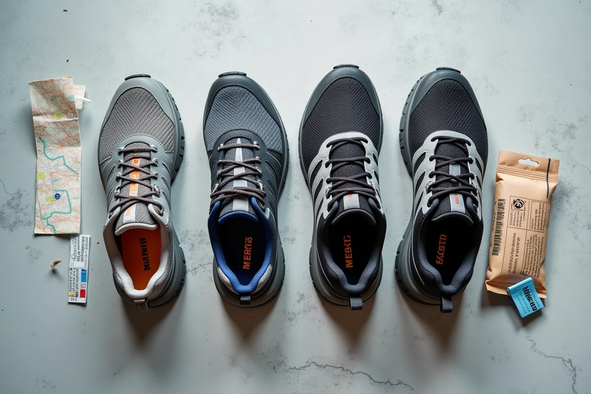 Comparaison de trois paires de chaussures de marche confortables disposées en flat-lay sur béton gris, idéal pour choisir la meilleure chaussure pour marcher longtemps