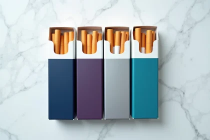Comparaison de plusieurs paquets de cigarettes Vogue aux couleurs différentes disposés côte à côte sur marbre blanc