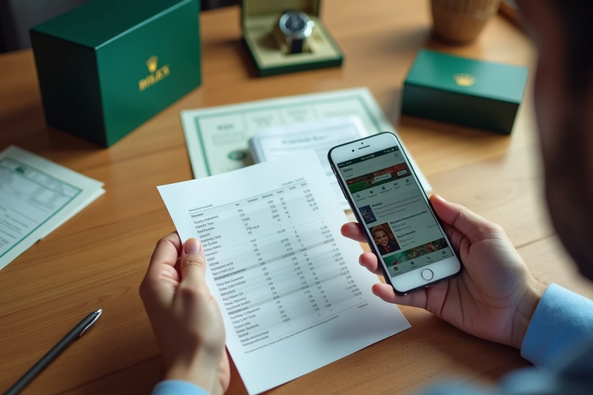 Mains comparant des prix de montres Rolex sur smartphone et documents papier, avec boîte Rolex et certificats d'authenticité sur un bureau