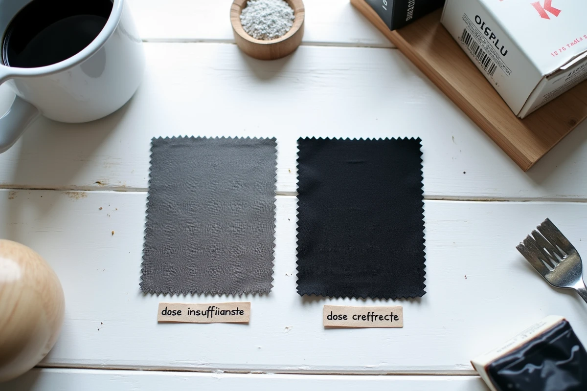 Comparaison côte à côte de deux échantillons de tissu teints, l'un gris foncé avec dosage insuffisant et l'autre noir profond avec dosage correct