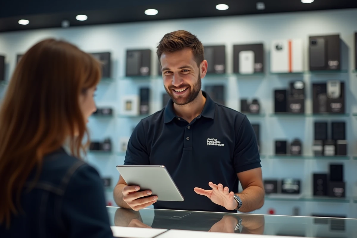 Conseiller du magasin EDS Store à Nantes expliquant les caractéristiques d'une tablette à un client