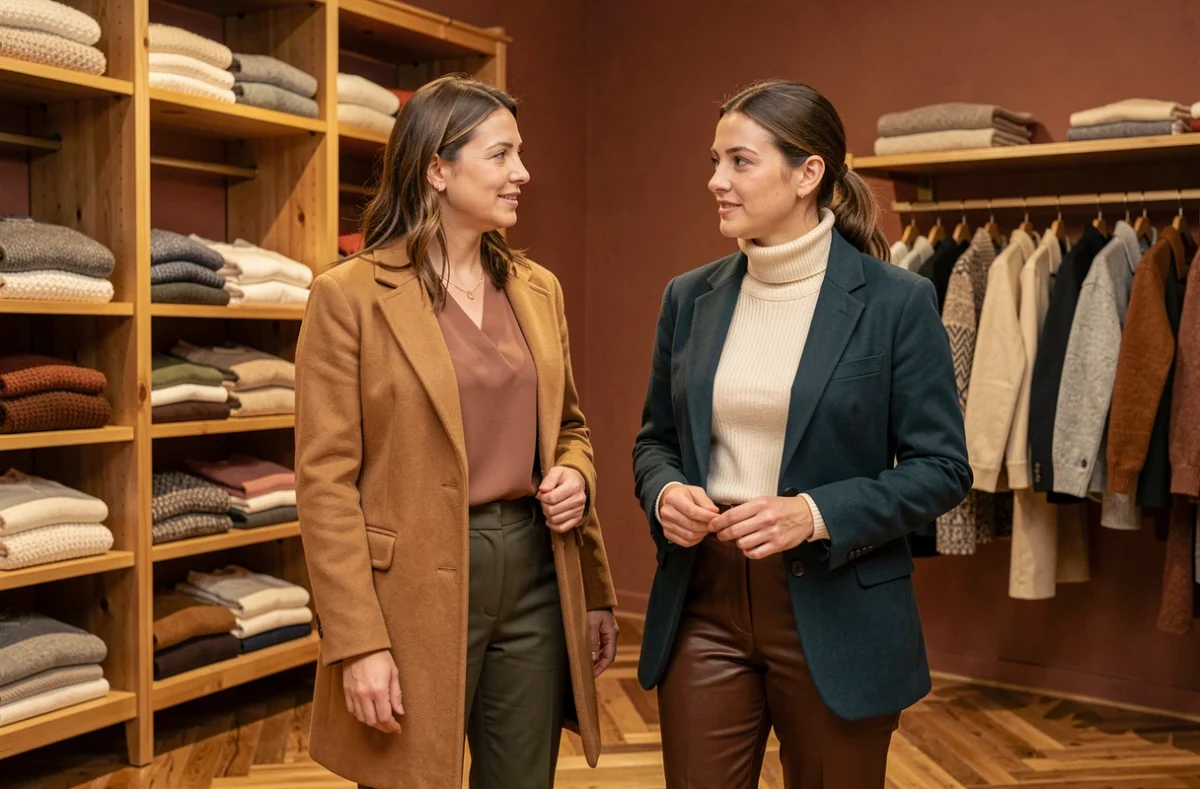 Deux femmes en tenues aux couleurs automnales dans une boutique de vêtements, camel, rose poudré, sarcelle et crème