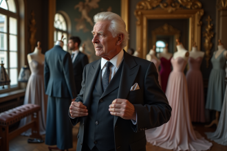 Couturier âgé ajustant une robe dans son atelier parisien