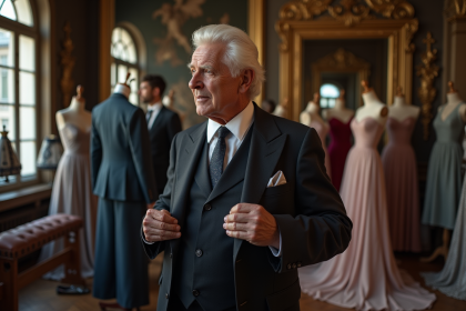 Couturier âgé ajustant une robe dans son atelier parisien