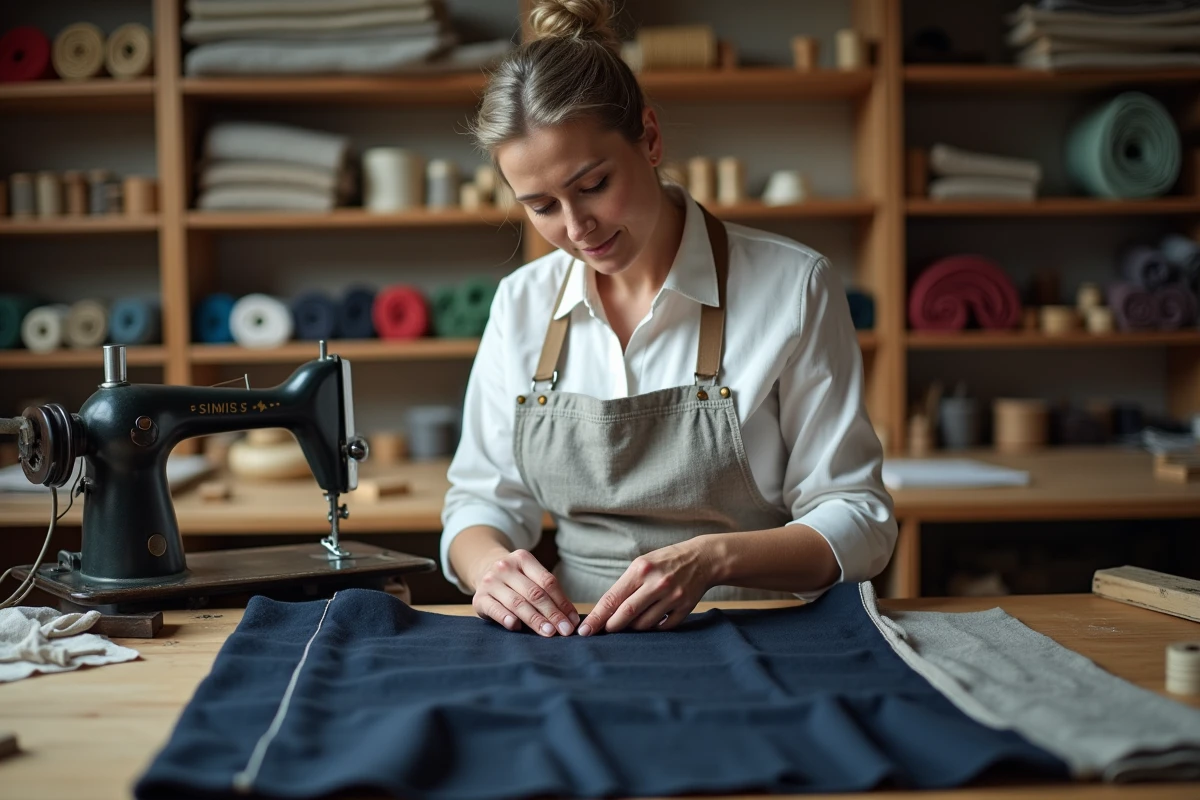 Couturière épinglant un ourlet sur une jupe en laine dans un atelier de retouche professionnel