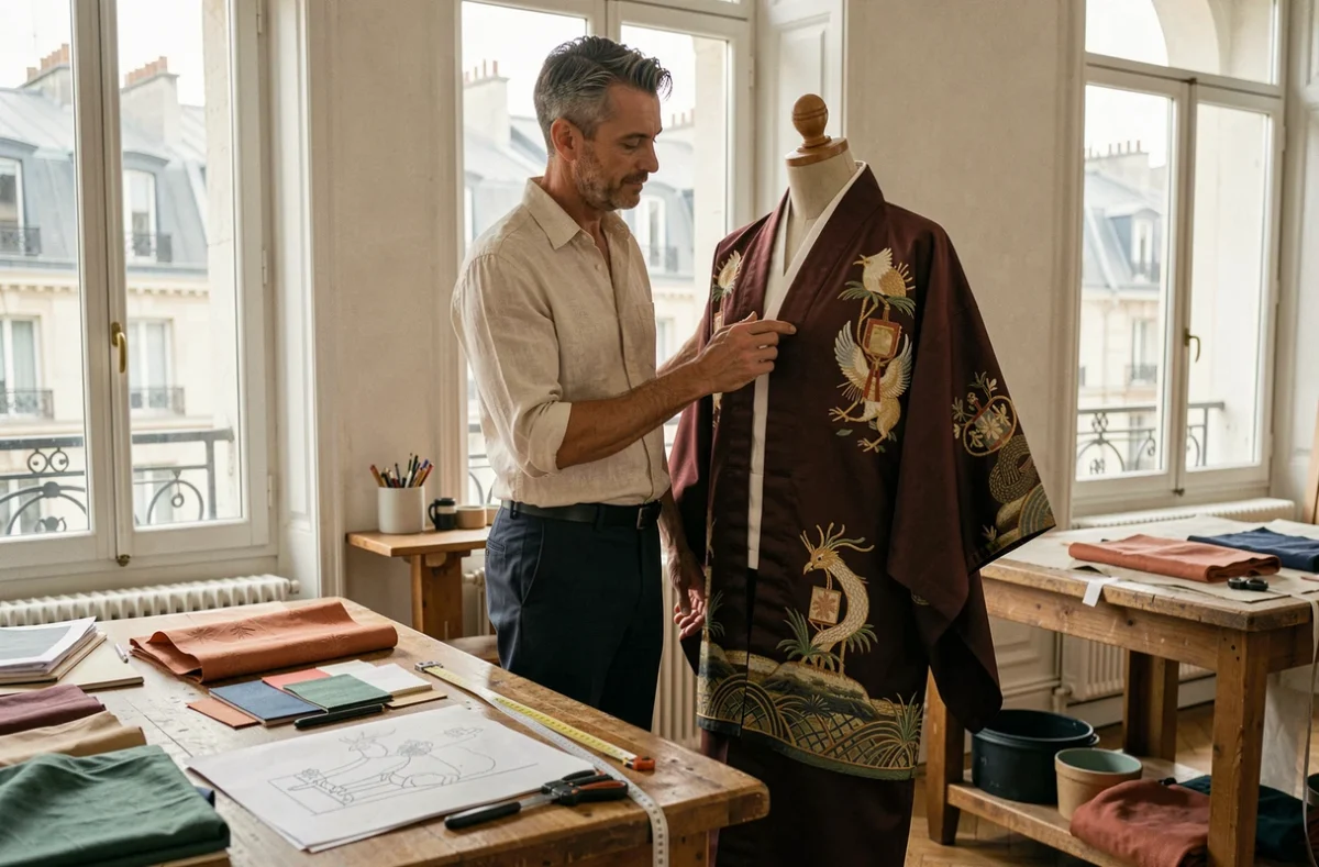 Créateur de mode occidental examinant un haori japonais brodé dans un atelier parisien
