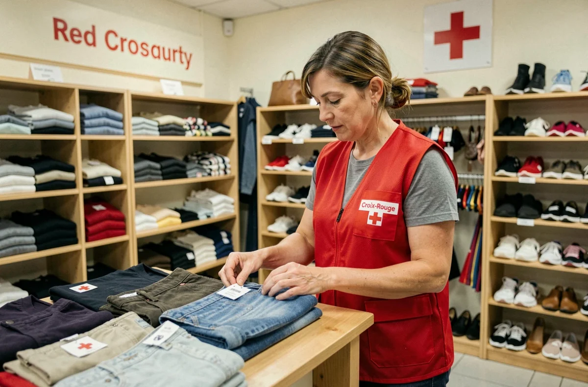 Bénévole de la Croix-Rouge Boutique en gilet rouge étiquetant des vêtements de seconde main derrière le comptoir d'une boutique solidaire
