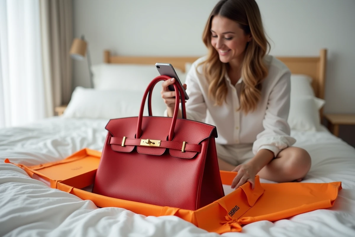 Femme découvrant son sac Hermès Birkin 30 en cuir Epsom rouge tomate dans son emballage orange d'origine sur un lit en lin blanc