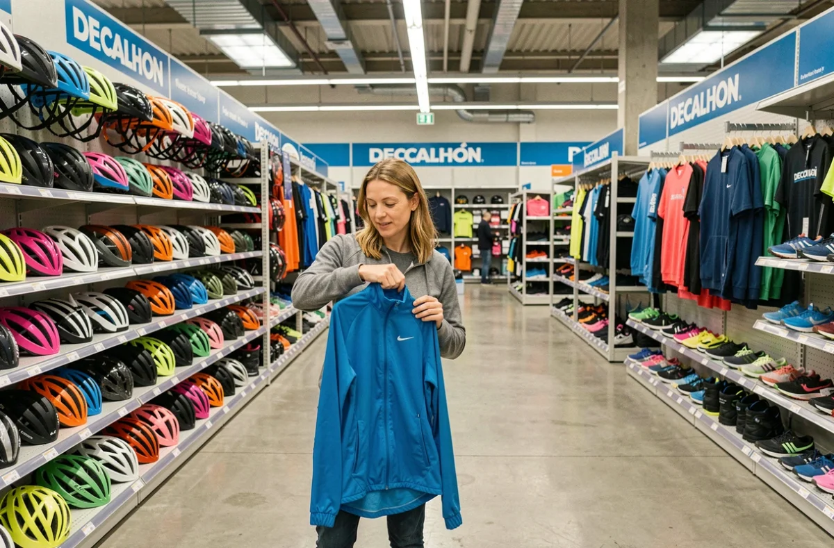 Intérieur du magasin Decathlon Paris La Madeleine avec des rayons de vêtements de sport