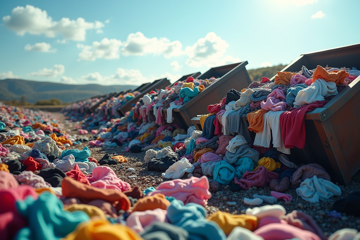 Montagne de vetements colorés dans une décharge