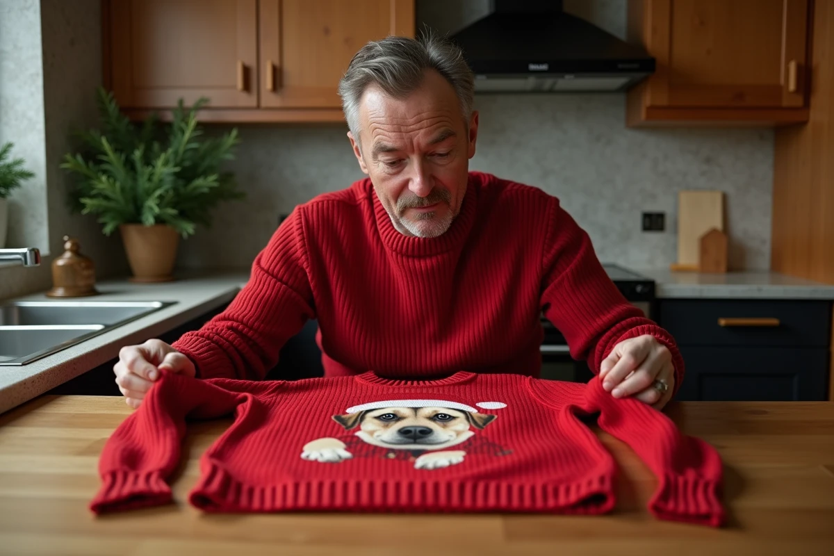 Homme découvrant un pull de Noël personnalisé avec photo de son chien en bonnet de Père Noël posé sur une table en bois