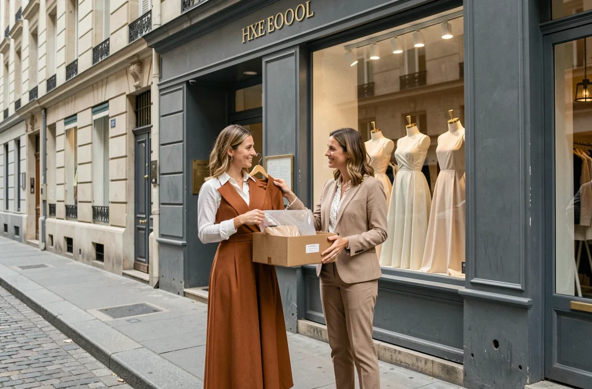 Deux femmes découvrant une robe de couture devant une boutique française, illustrant l'expérience client après réception de commande