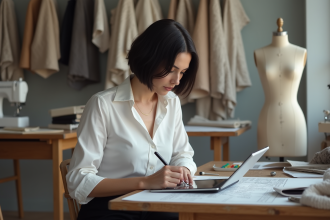 Créatrice de mode esquissant sur tablette dans son studio moderne