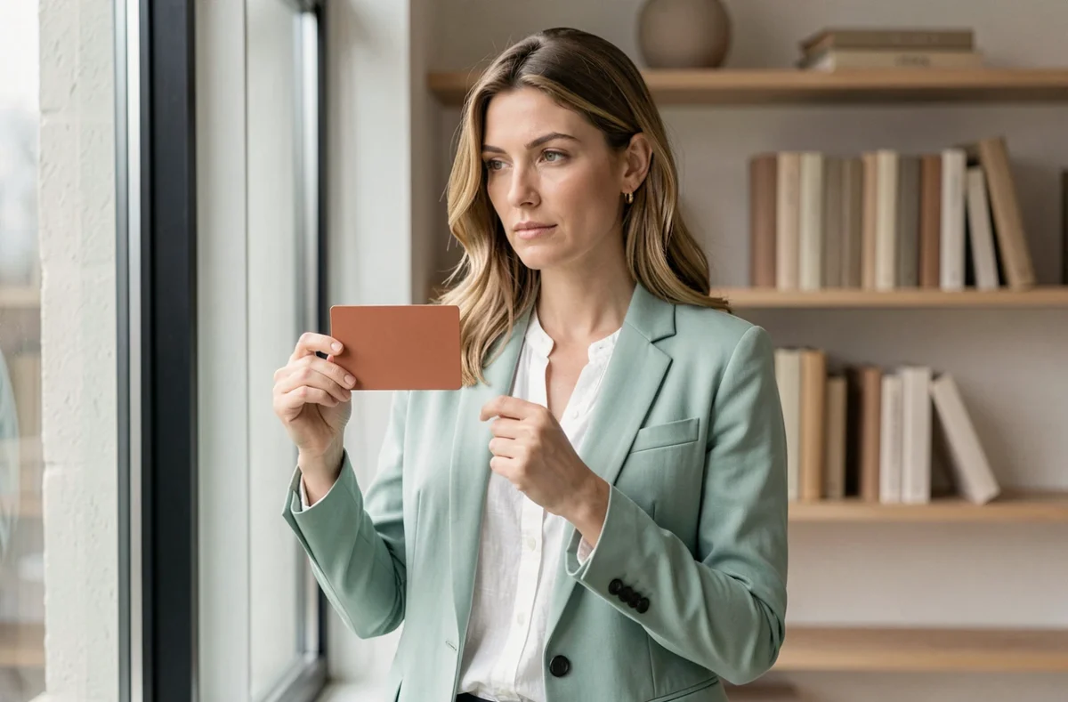 Designer intérieure comparant un blazer vert d'eau avec une couleur complémentaire terracotta dans un studio de design minimaliste
