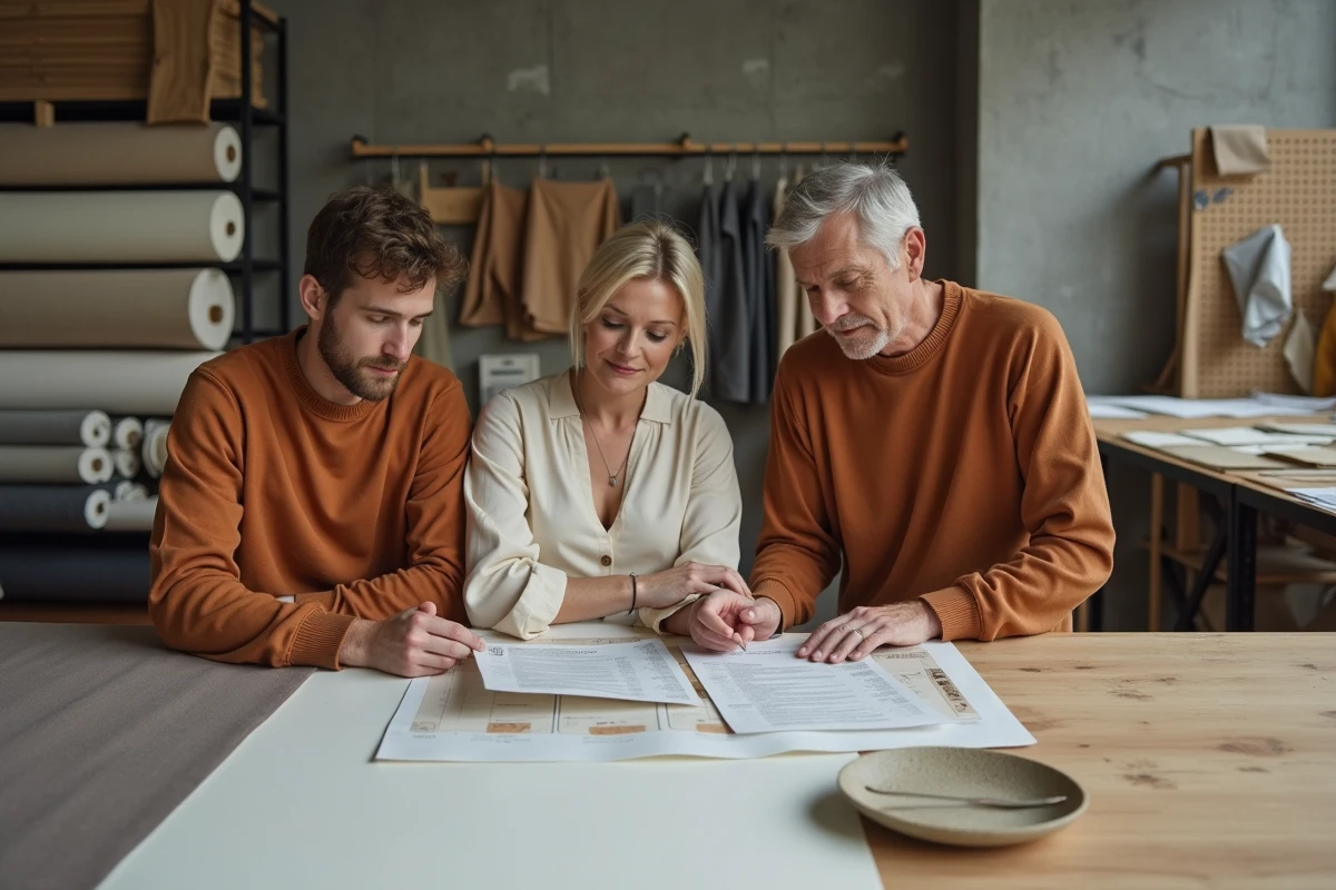 Équipe de designers textiles analysant des échantillons de tissus durables et des données environnementales dans un studio