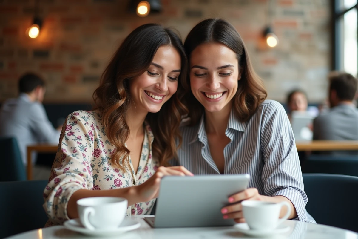 Deux femmes découvrant ensemble le site Clara Morgane sur une tablette dans un café urbain