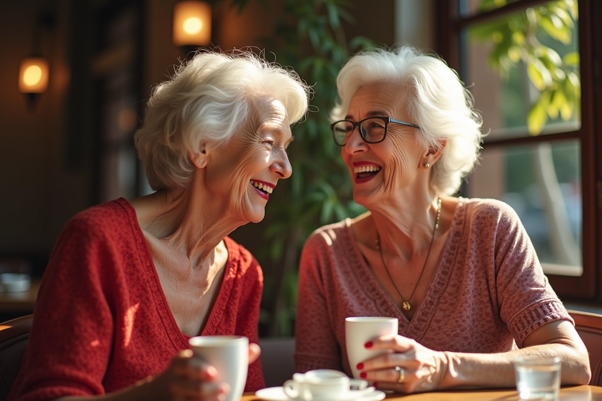 Deux femmes seniors riant au café avec rouge à lèvres