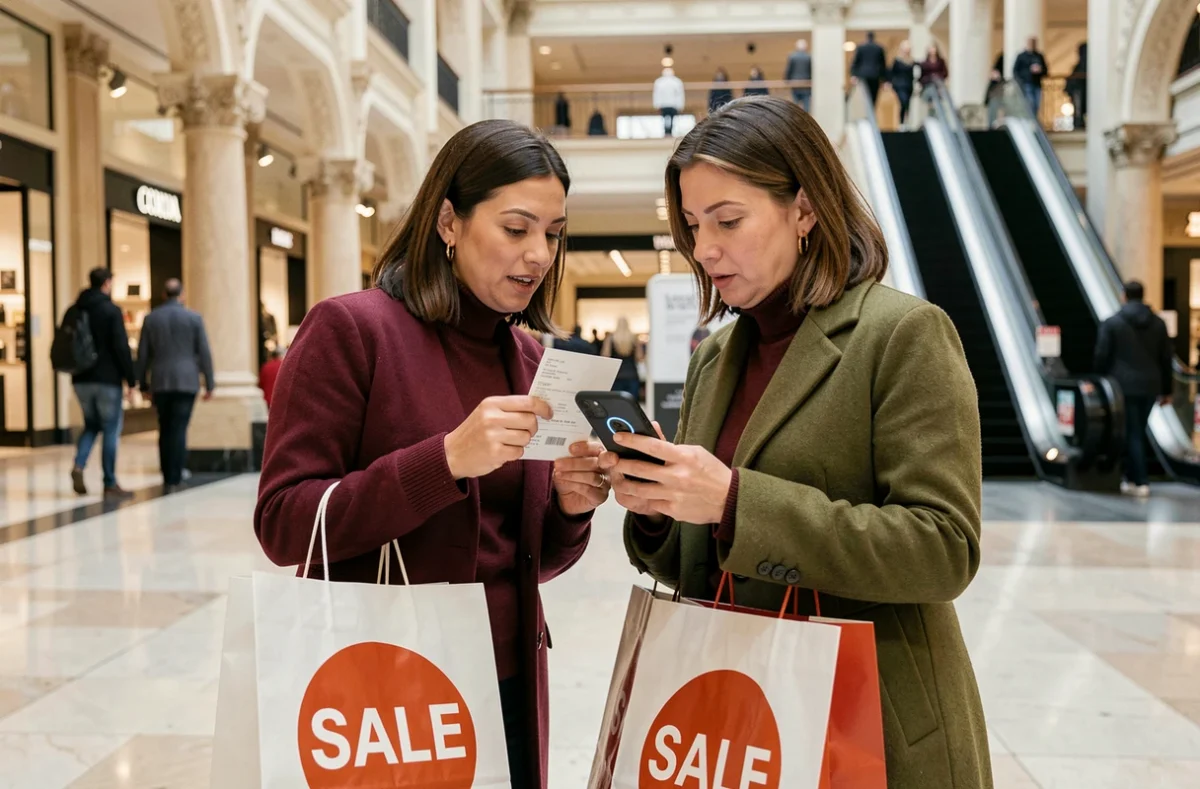 Deux femmes comparant leurs achats soldés en magasin avec des offres en ligne sur un smartphone lors de la deuxième démarque des soldes