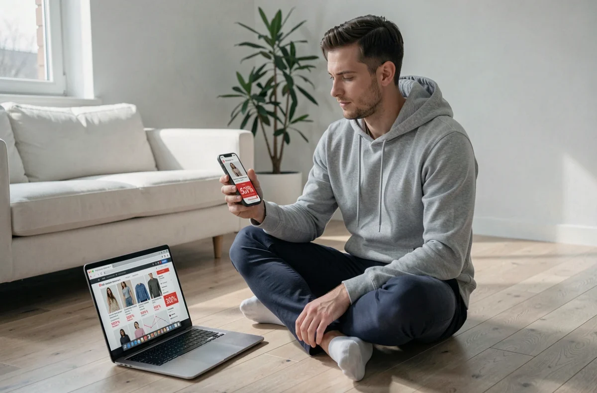 Homme comparant des offres de soldes en ligne sur smartphone et ordinateur portable chez lui pendant la deuxième démarque 2026