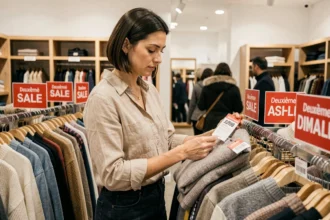 Femme examinant une étiquette de prix sur un pull en magasin lors de la deuxième démarque des soldes d'hiver 2026