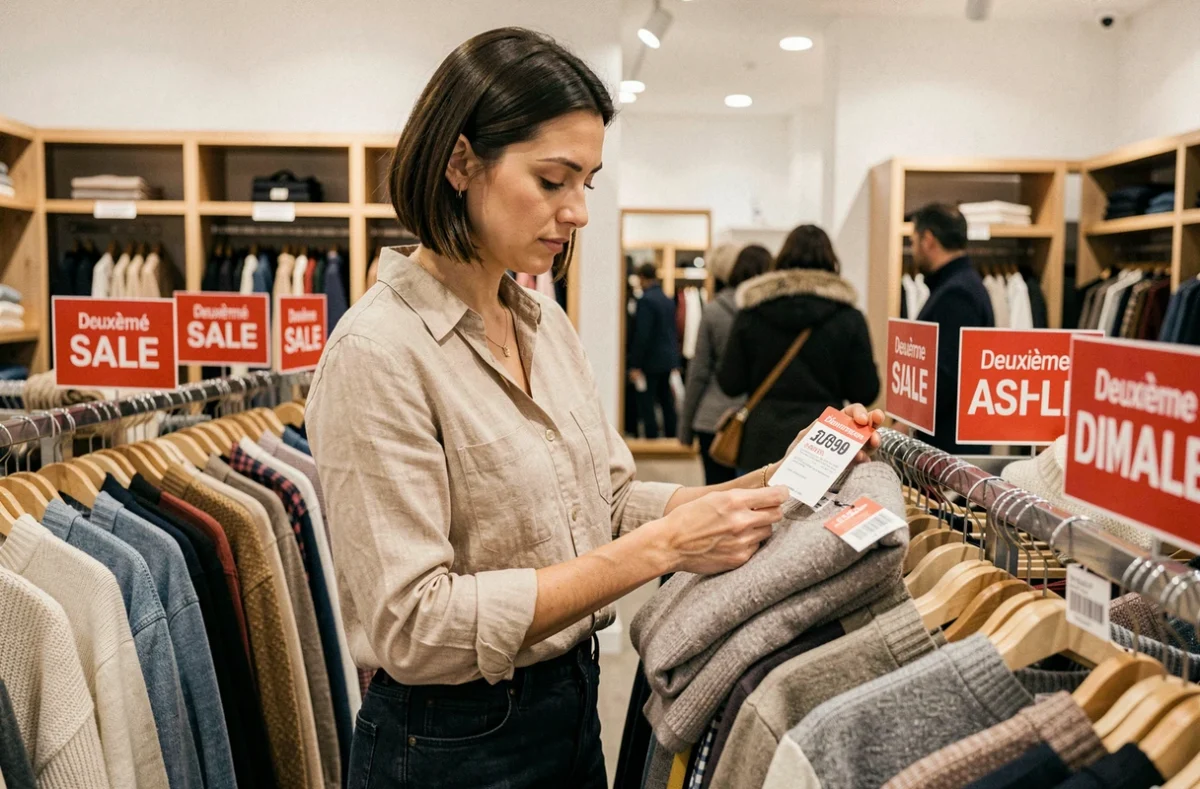 Femme examinant une étiquette de prix sur un pull en magasin lors de la deuxième démarque des soldes d'hiver 2026