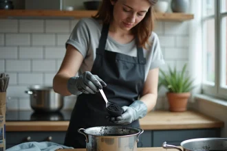 Femme mesurant avec précision la dose de teinture noire pour vêtements dans une cuisine, avec gants en latex et tablier de protection