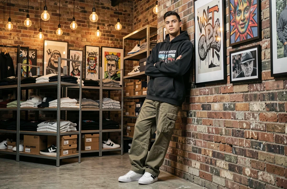 Un jeune homme en tenue streetwear pose dans la boutique Downtown's Dogs, spécialisée en mode urbaine masculine à Toulouse