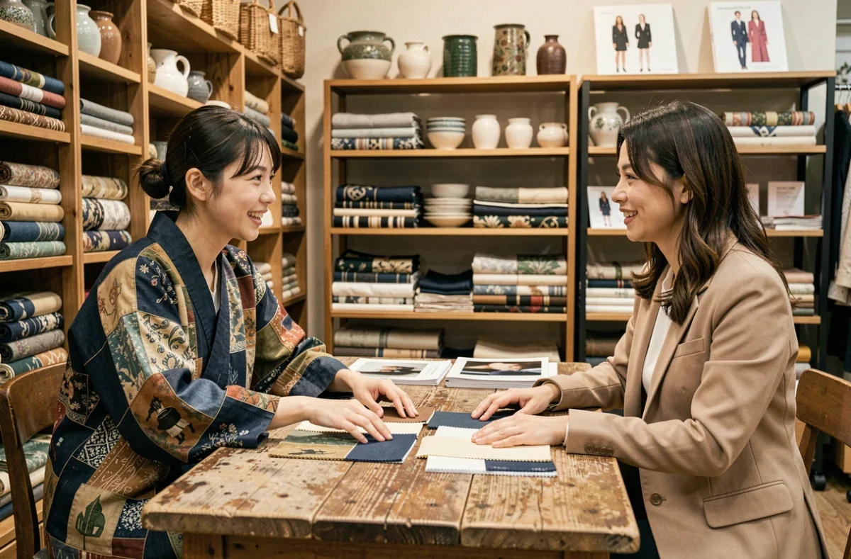Deux femmes, japonaise et française, discutant de mode textile traditionnelle dans un concept store de Tokyo