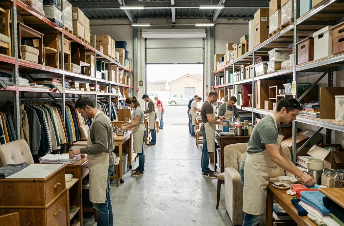 Entrepôt Emmaüs Val-de-Marne avec des bénévoles triant des vêtements et objets donnés sur de longues rangées de rayonnages industriels