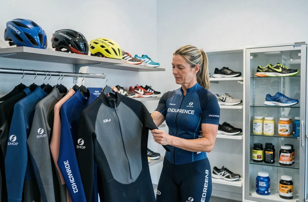 Intérieur de l'Endurance Shop Paris avec des équipements de triathlon et sports d'endurance
