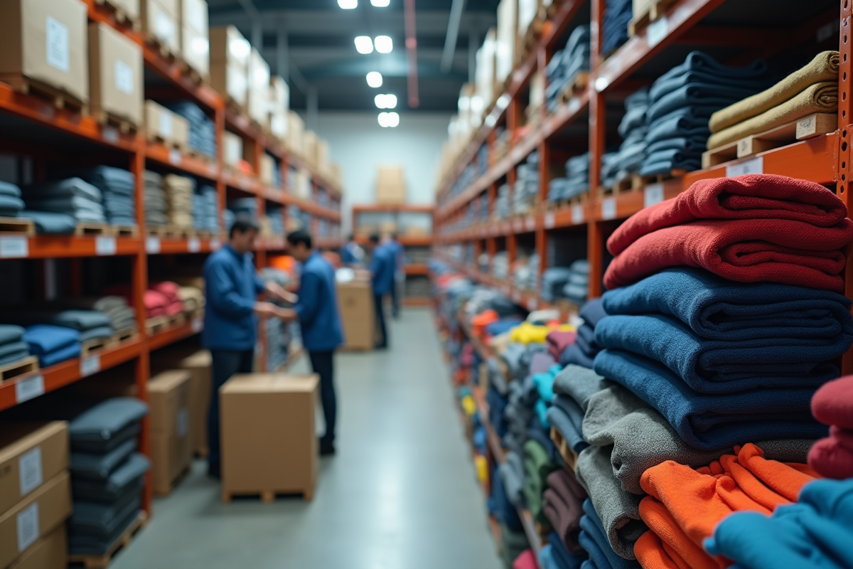 Employés organisant des vêtements dans un entrepôt coloré