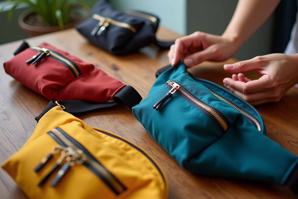 Mains examinant différentes fermetures de sacs fanny à la lumière naturelle