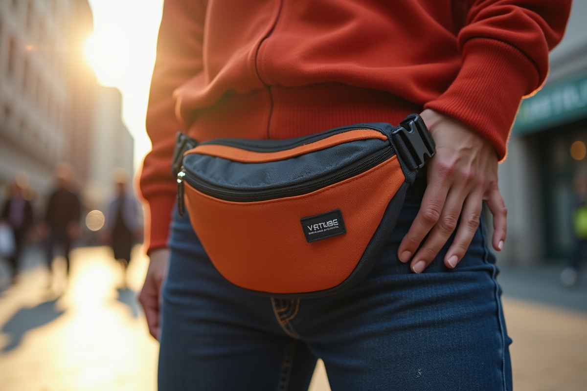 Sac fanny à la taille porté en extérieur avec fermeture visible en plein soleil