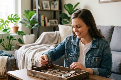 Femme choisissant un bracelet en cuir dans un intérieur cosy