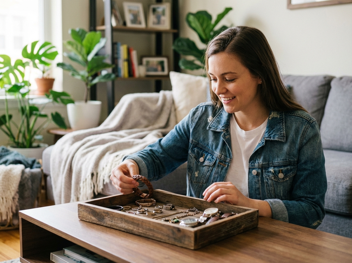 Femme choisissant un bracelet en cuir dans un intérieur cosy