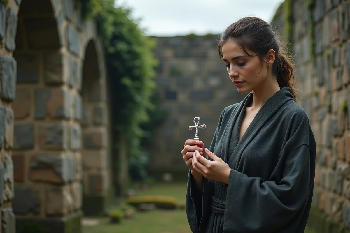 Femme tenant une croix ankh en argent dans des ruines de pierre, évoquant la Wicca et les pratiques néo-païennes