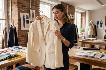 Femme examinant un blazer sur mesure dans un atelier de couture parisien, évaluant la qualité avant commande