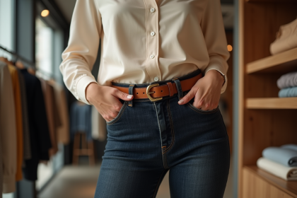 Femme en jeans ajustés et ceinture en boutique élégante
