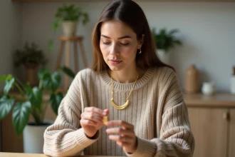 Femme examinant un collier en or dans la cuisine