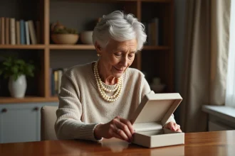 Femme d'âge moyen examine une boîte à bijoux dans un intérieur cosy