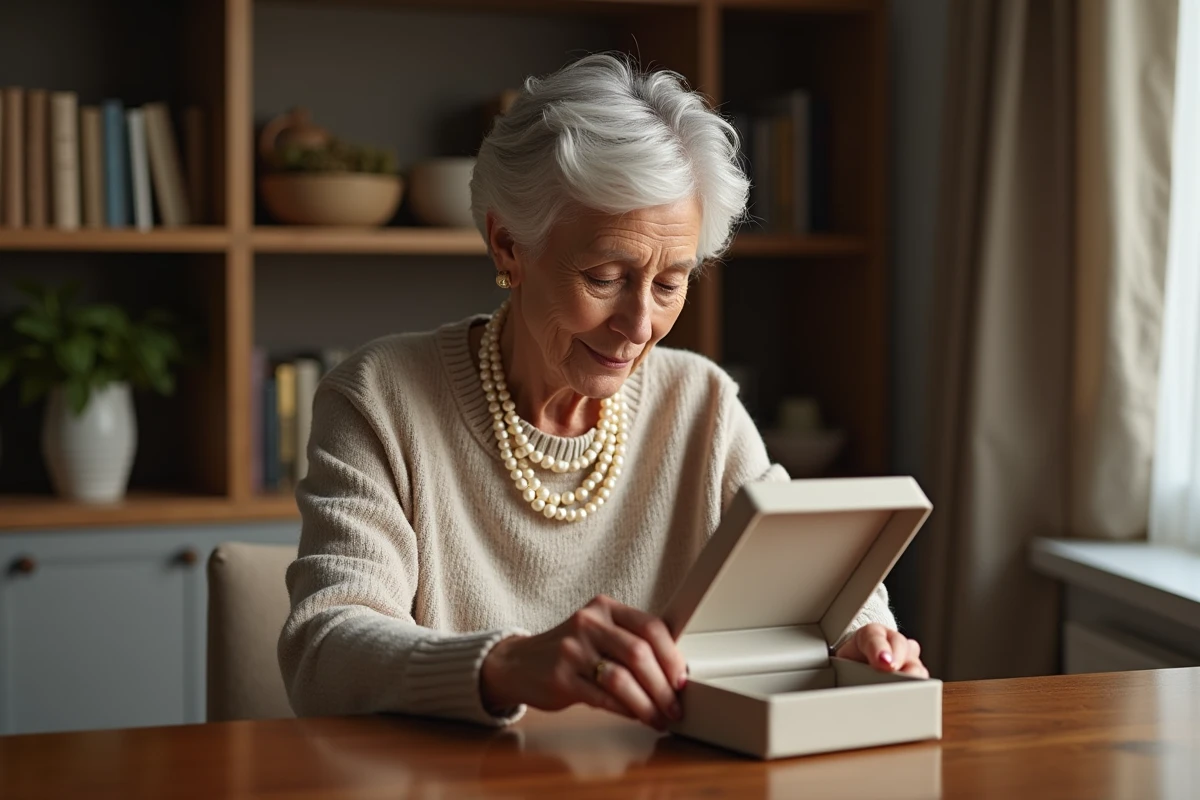 Femme d'âge moyen examine une boîte à bijoux dans un intérieur cosy