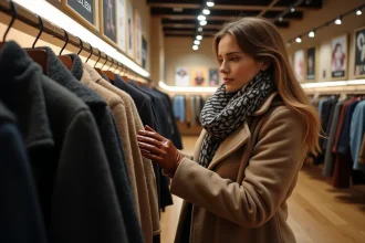 Femme élégante dans une boutique hiver à Paris