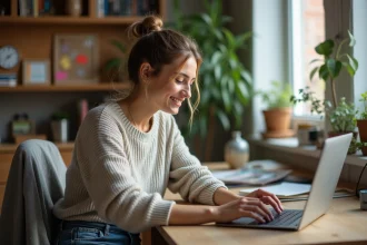 Femme souriante travaillant sur son ordinateur dans un bureau cosy