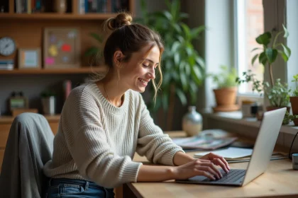 Femme souriante travaillant sur son ordinateur dans un bureau cosy